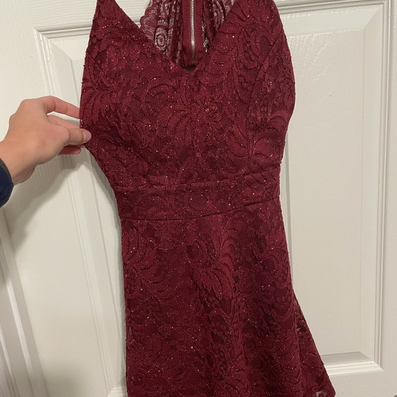 Honey and Peach Sparkly Burgundy Lace Dress - Picture 5 of 6